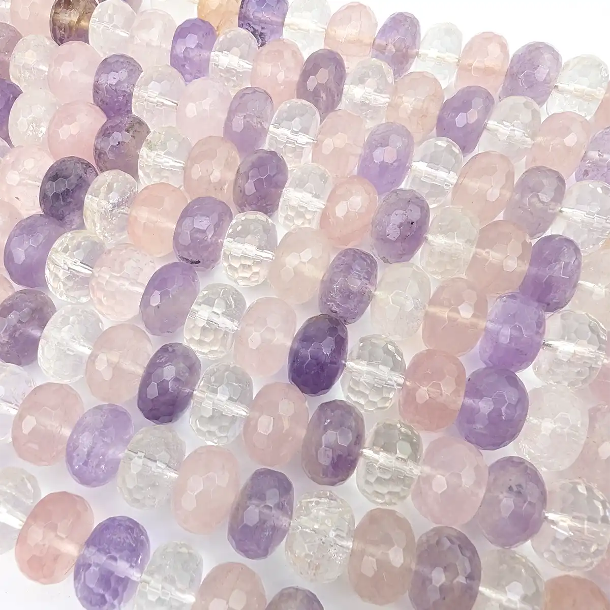 Amethyst, Rose Quartz and Rock Crystal mixed doughnut bead string