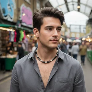 Haematite, Silver, Pearl and Volcanic Lava Rock Necklace